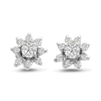 14K White Gold Flower Diamond Earring Jackets, Fits 1/4-1/2ct Stud Earrings