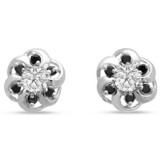 14K White Gold Floret Black Diamond Earring Jackets, Fits 1/5-1/4ct Stud Earrings