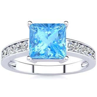 Square Step Cut 1 7/8ct Blue Topaz and Diamond Ring in 14K White Gold