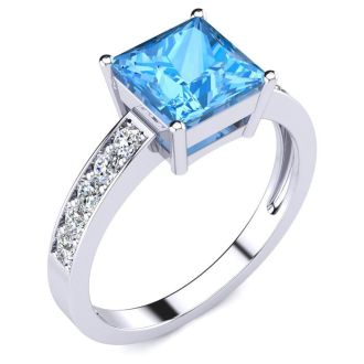Square Step Cut 1 7/8ct Blue Topaz and Diamond Ring in 14K White Gold