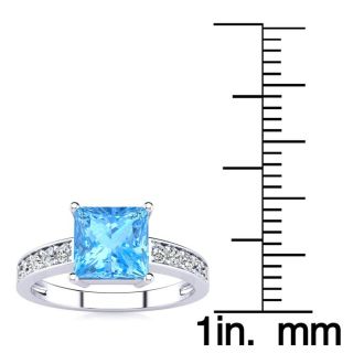 Square Step Cut 1 7/8ct Blue Topaz and Diamond Ring in 14K White Gold