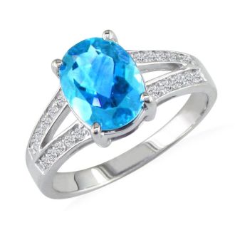 Split Band 1 1/2ct Blue Topaz and .15ct Diamond Ring, 14k White Gold