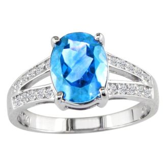 Split Band 1 1/2ct Blue Topaz and .15ct Diamond Ring, 14k White Gold