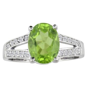 Peridot Jewelry: Split Band 1 1/2ct Oval Shape Peridot and .15ct Diamond Ring in 14k White Gold