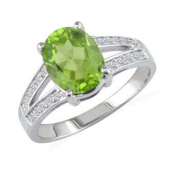 Peridot Jewelry: Split Band 1 1/2ct Oval Shape Peridot and .15ct Diamond Ring in 14k White Gold