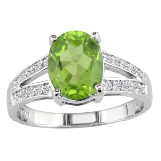 Peridot Jewelry: Split Band 1 1/2ct Oval Shape Peridot and .15ct Diamond Ring in 14k White Gold