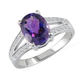 Split band  2 1/4ct Oval Amethyst and Diamond Gemstone Ring. 20 diamonds totaling .20ct. Gorgeous diamonds, fine deep color.