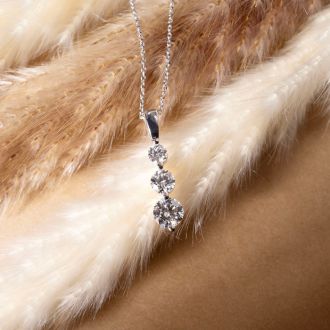 1 1/2ct Three Diamond Drop Style Diamond Pendant In 14k White Gold.