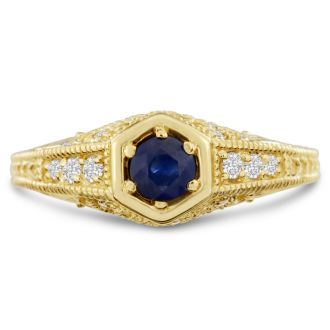 Antique 3/4ct Sapphire and Diamond Engagement Ring In 14 Karat Yellow Gold