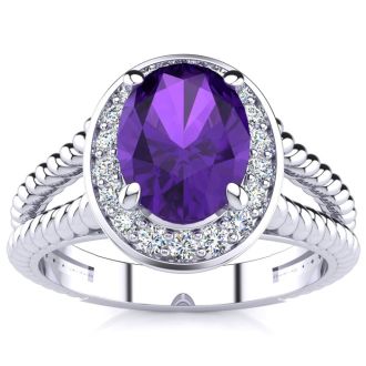 1 1/2ct Oval Shape Amethyst and Diamond Ring In 14 Karat White Gold
