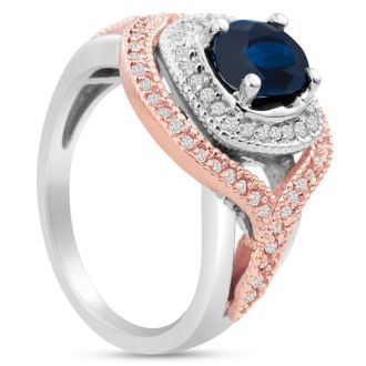 1ct Oval Shape Sapphire and Diamond Ring In 14 Karat White and Rose Gold