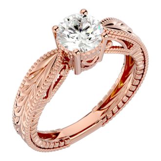 1 Carat Diamond Round Engagement Rings In 14K Rose Gold With Tapered Etched Band