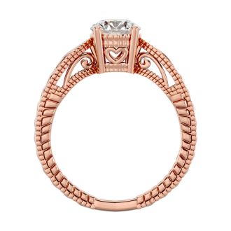 1 Carat Diamond Round Engagement Rings In 14K Rose Gold With Tapered Etched Band