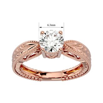 Round Engagement Rings, 1 Carat Diamond Solitaire Engagement Ring with Tapered Etched Band Crafted In 14 Karat Rose Gold