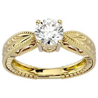 Round Engagement Rings, 1 Carat Diamond Solitaire Engagement Ring with Tapered Etched Band Crafted In 14 Karat Yellow Gold