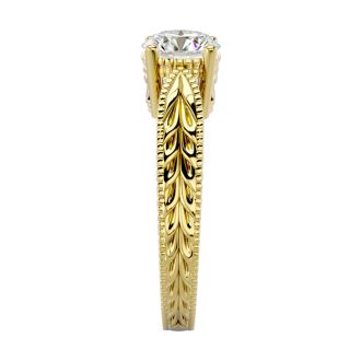 Round Engagement Rings, 1 Carat Diamond Solitaire Engagement Ring with Tapered Etched Band Crafted In 14 Karat Yellow Gold