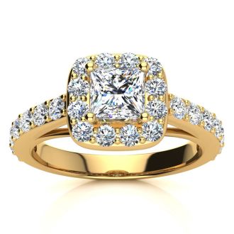 2 Carat Princess Cut Halo Diamond Engagement Ring in 14 Karat Yellow Gold