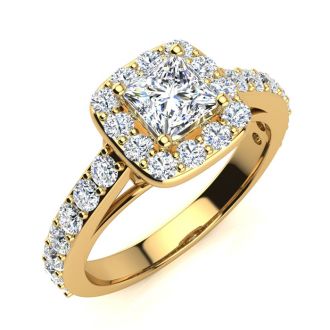 2 Carat Princess Cut Halo Diamond Engagement Ring in 14 Karat Yellow Gold