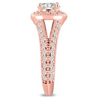 1 3/4 Carat Split Shank Halo Diamond Engagement Ring in 14 Karat Rose Gold