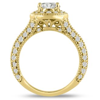 1 3/4 Carat Split Shank Halo Diamond Engagement Ring in 14 Karat Yellow Gold