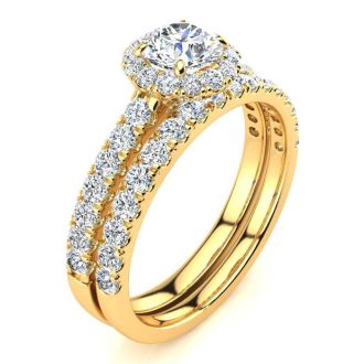 1/2 Carat Pave Halo Diamond Bridal Set in 14k Yellow Gold