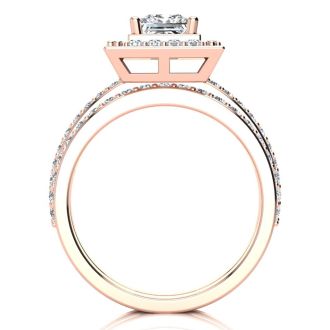 1 1/2 Carat Princess Cut Floating Pave Halo Diamond Bridal Set in 14k Rose Gold
