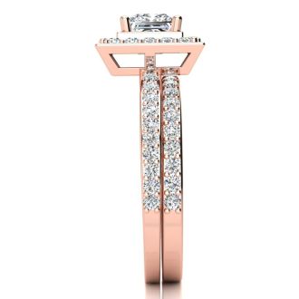 1 1/2 Carat Princess Cut Floating Pave Halo Diamond Bridal Set in 14k Rose Gold

