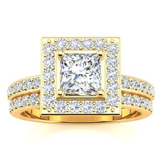1 1/2 Carat Princess Cut Floating Pave Halo Diamond Bridal Set in 14k Yellow Gold
