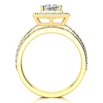 1 1/2 Carat Princess Cut Floating Pave Halo Diamond Bridal Set in 14k Yellow Gold
