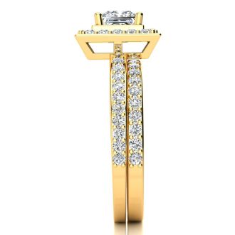 1 1/2 Carat Princess Cut Floating Pave Halo Diamond Bridal Set in 14k Yellow Gold
