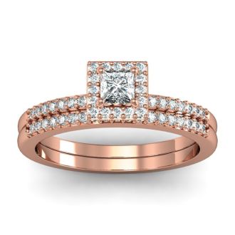 1/2 Carat Princess Cut Pave Halo Diamond Bridal Set in 14k Rose Gold
