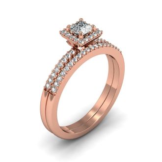 1/2 Carat Princess Cut Pave Halo Diamond Bridal Set in 14k Rose Gold
