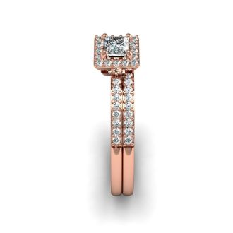 1/2 Carat Princess Cut Pave Halo Diamond Bridal Set in 14k Rose Gold
