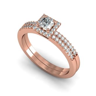 1/2 Carat Princess Cut Pave Halo Diamond Bridal Set in 14k Rose Gold
