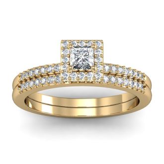 1/2 Carat Princess Cut Pave Halo Diamond Bridal Set in 14k Yellow Gold
