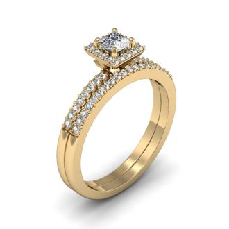 1/2 Carat Princess Cut Pave Halo Diamond Bridal Set in 14k Yellow Gold
