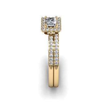 1/2 Carat Princess Cut Pave Halo Diamond Bridal Set in 14k Yellow Gold
