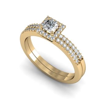 1/2 Carat Princess Cut Pave Halo Diamond Bridal Set in 14k Yellow Gold
