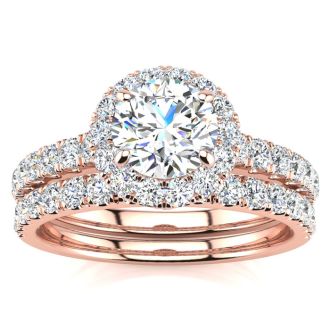 1 1/2 Carat Pave Halo Diamond Bridal Set in 14k Rose Gold