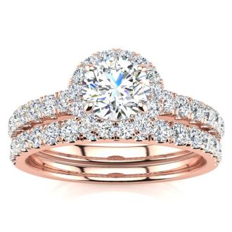 1 Carat Floating Pave Halo Diamond Bridal Set in 14k Rose Gold