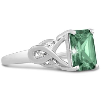2 3/4 Carat Emerald Shape Green Amethyst and Diamond Ring In Sterling Silver