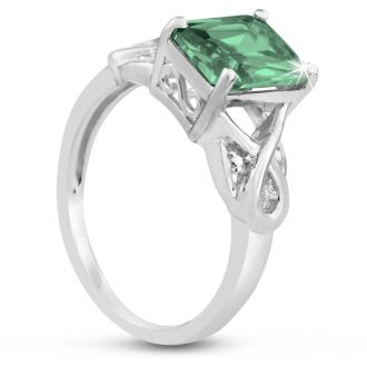 2 3/4 Carat Emerald Shape Green Amethyst and Diamond Ring In Sterling Silver