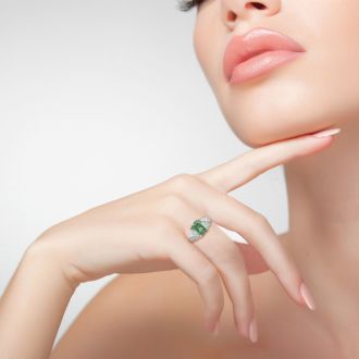 2 3/4 Carat Emerald Shape Green Amethyst and Diamond Ring In Sterling Silver
