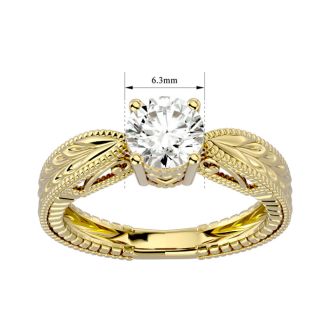 Round Engagement Rings, 1 Carat Diamond Solitaire Engagement Ring with Tapered Etched Band Crafted In 14 Karat Yellow Gold