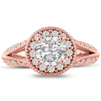 1 3/4 Carat Split Shank Halo Diamond Engagement Ring in 14 Karat Rose Gold