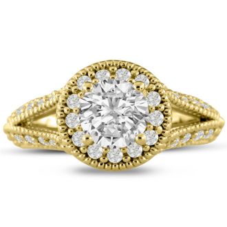 1 3/4 Carat Split Shank Halo Diamond Engagement Ring in 14 Karat Yellow Gold