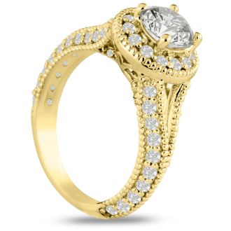 1 3/4 Carat Split Shank Halo Diamond Engagement Ring in 14 Karat Yellow Gold