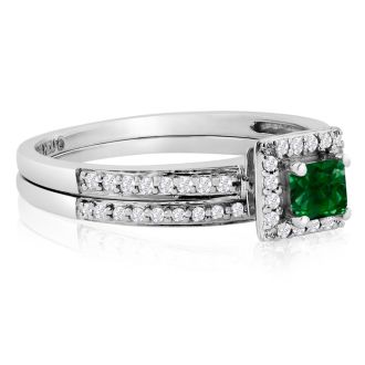 1/2ct Pave Emerald and Diamond Bridal Set in 14k White Gold
