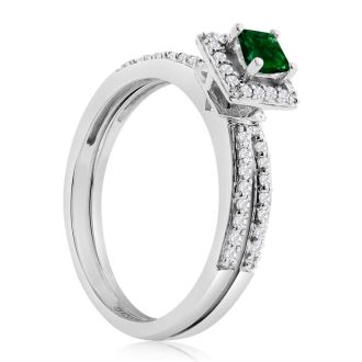1/2ct Pave Emerald and Diamond Bridal Set in 14k White Gold
