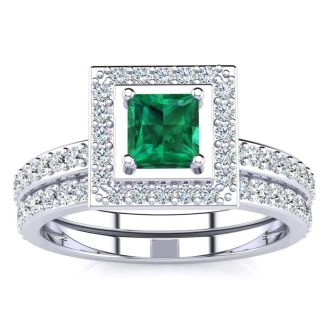 1ct Princess Cut Emerald and Diamond Bridal Set in 14k White Gold
